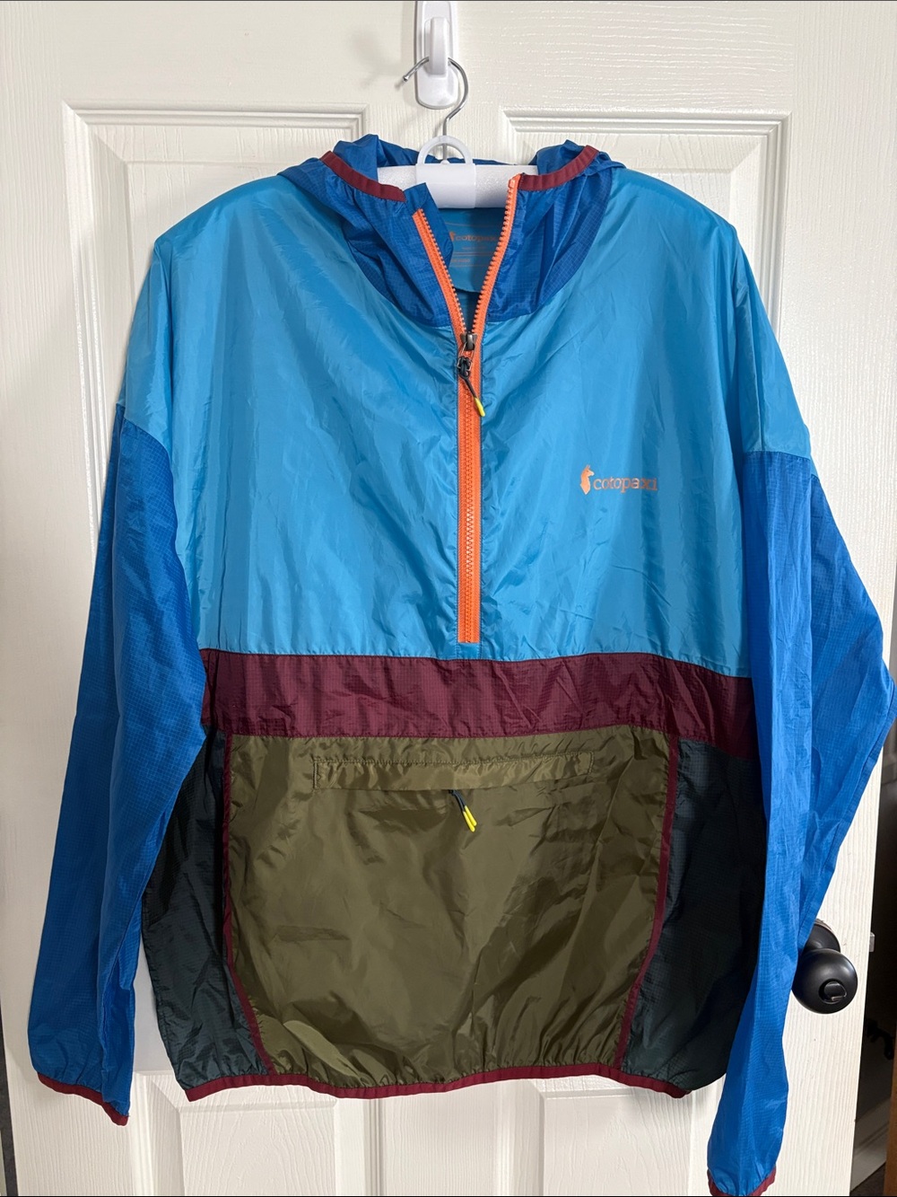cotopaxi Blue Multi-Tone Pullover Windbreaker with Olive & Burgundy Panels